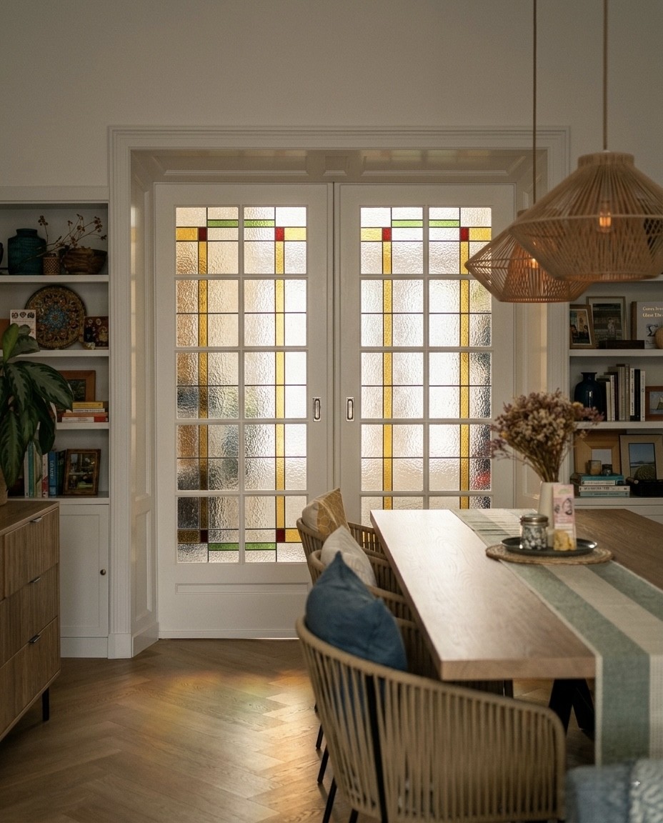 Originele kamer en suite schuifdeuren met glas-in-lood in een jaren 30 woning