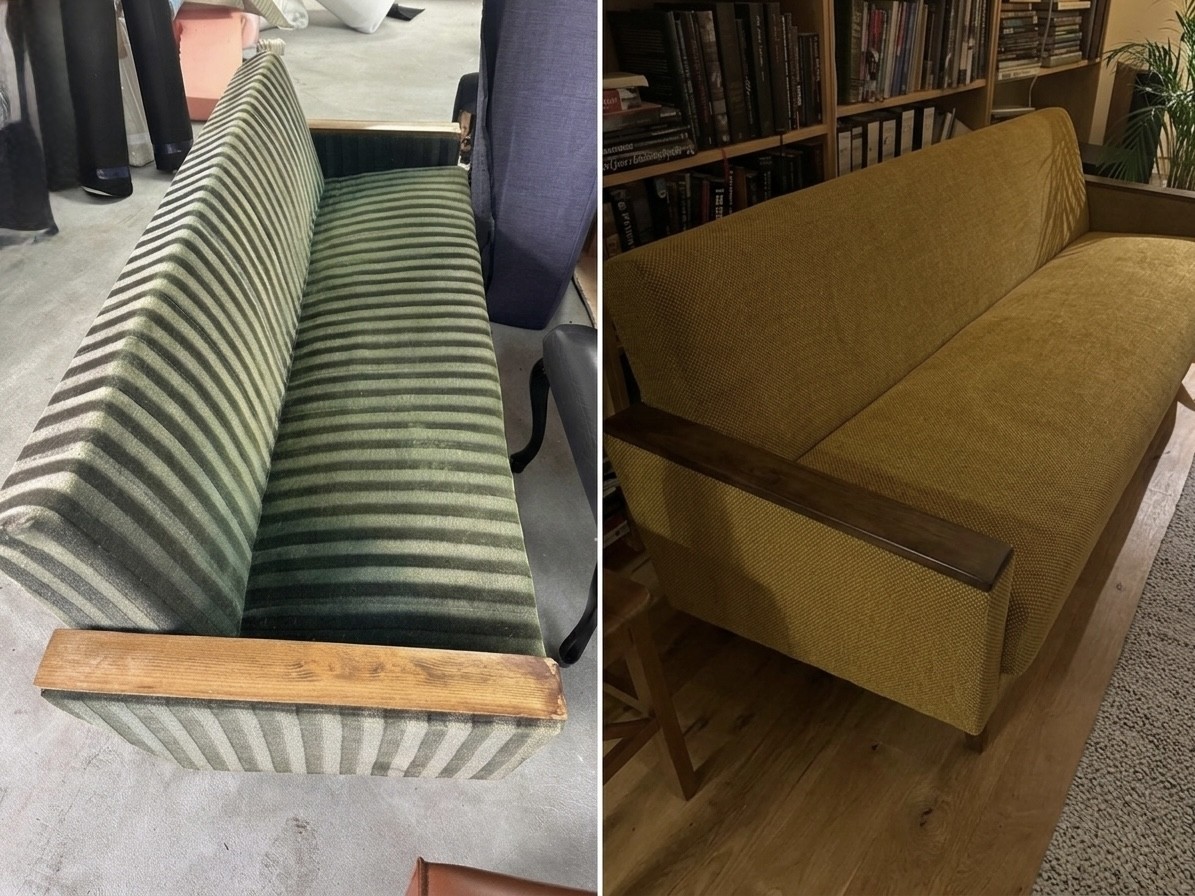 Antieke sofa voor en na herstoffering meubelstoffering Den Haag via Mammoet